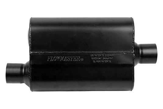 Flowmaster 942546 - Super 44 Series Delta Flow™ Aluminized Steel Oval Black Exhaust Muffler (2.5" Offset ID, 2.5" Center OD, 13" Length - RACKTRENDZ