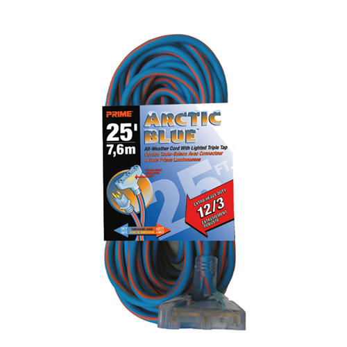 Prime Products LT530825 - Arctic Blue, All-Weather TPE-Rubber Lighted End Extension Cords With Primelok & Primelight 25' - RACKTRENDZ