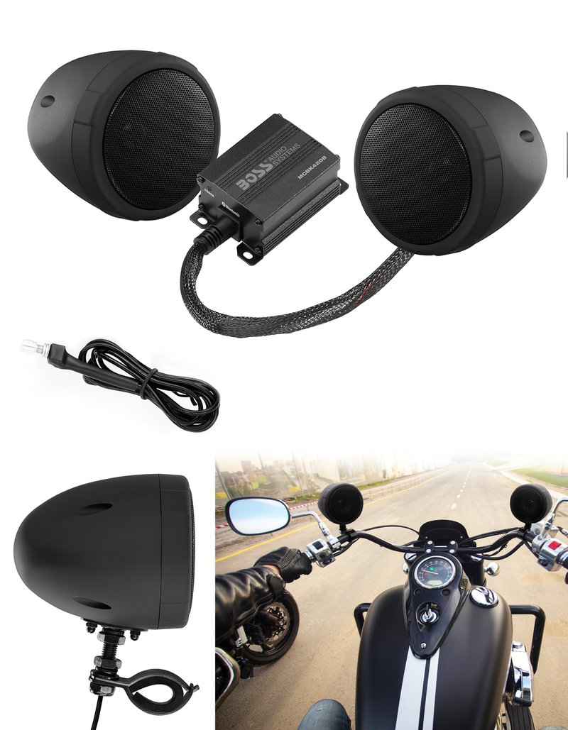 Load image into Gallery viewer, Boss MCBK420B - Black 600 watt Motorcycle/ATV Sound System with Bluetooth Audio Streaming, One pair of 3&quot; Weather Proof Speakers, Aux Input and Volume Control - RACKTRENDZ
