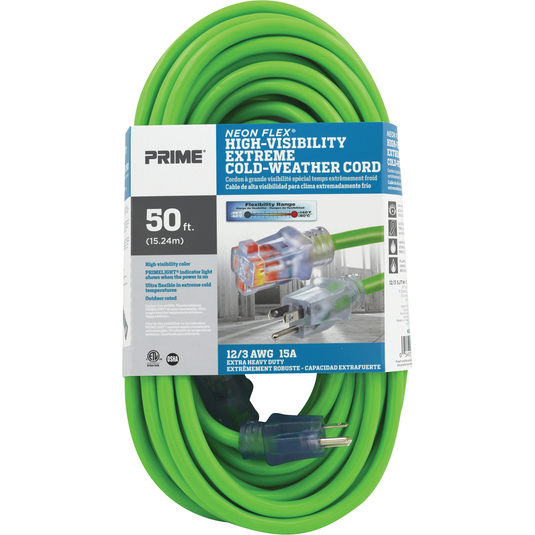 Prime Products NS512830 - Neon Flex, High Visibility Outdoor Extension Cord, 12/3 AWG, 15 A, 50' - RACKTRENDZ