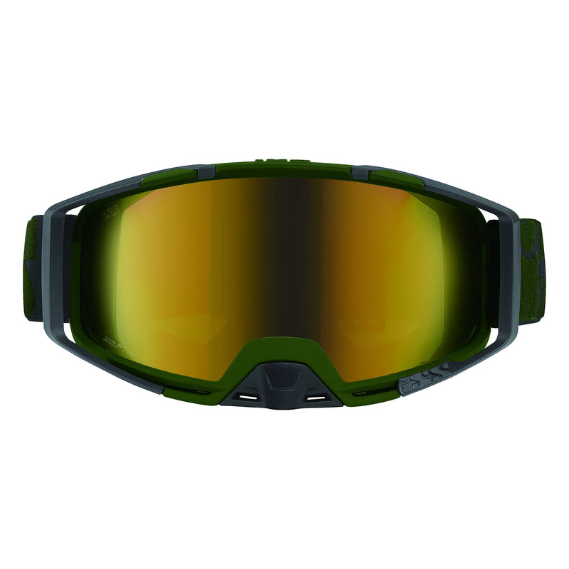 Load image into Gallery viewer, IXS Hack Goggle Trigger Racing Olive/Mirror Gold One Size, 45mm Elastic Strap, Unobstructed Pereferal Vision (178°x78°), 3ply Foam for Increased Comfort, iXS Roll-Off/Tear-Off Compatibility - RACKTRENDZ
