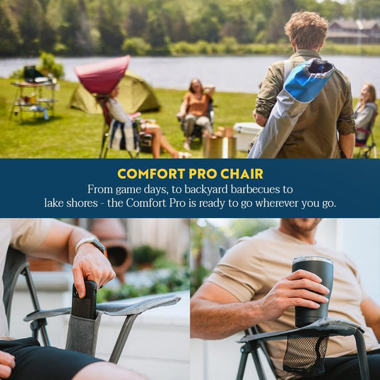 GCI OUTDOOR Comfort Pro Camping Chair | Collapsible Folding Chair with Durable Armrests, Drink Holder & Portable Carry Bag — Heathered Royal