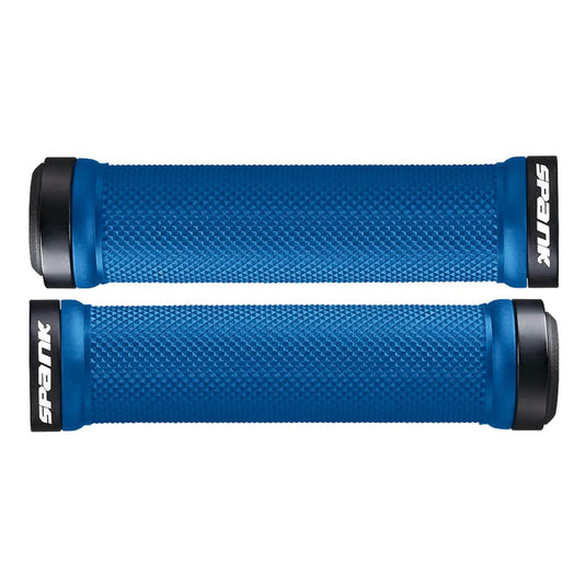 Spank Spoon Grips-Locking Mountain Bicycle Grips (Blue, 130mm Length), Mountain Bike Grips, Mountain Bike Handlebar Grip with End Caps, Handlebar for Bicycle, Anadoized Alloy Clamp Rings - RACKTRENDZ