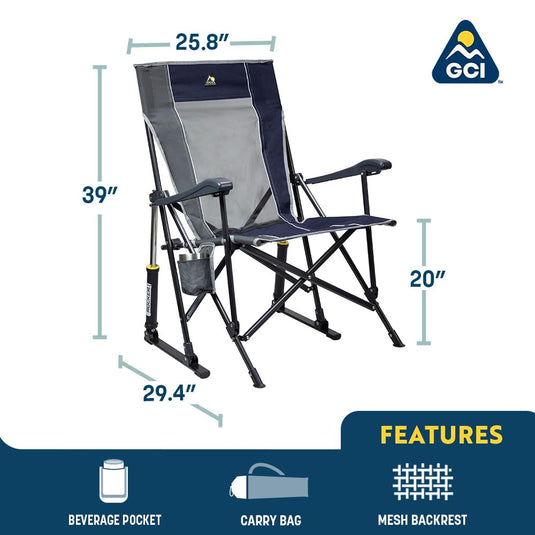 GCI Outdoors Roadtrip Rocker: Foldable, Mercury Gray, Mesh Back, Rocking Motion, Outdoor Chair, Contemporary Style, One Size, 250 lbs Max Weight, Adult, Hard Floor, Camping