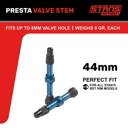 Stan's NoTubes Universal Tubeless Presta Valve Stem Pair, Aluminum Stems, 44mm, Blue - RACKTRENDZ