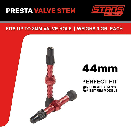Stan's NoTubes Universal Tubeless Presta Valve Stem Pair, Aluminum Stems, 44mm, Red - RACKTRENDZ