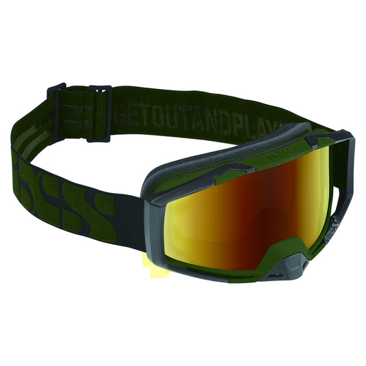 IXS Hack Goggle Trigger Racing Olive/Mirror Gold One Size, 45mm Elastic Strap, Unobstructed Pereferal Vision (178°x78°), 3ply Foam for Increased Comfort, iXS Roll-Off/Tear-Off Compatibility - RACKTRENDZ