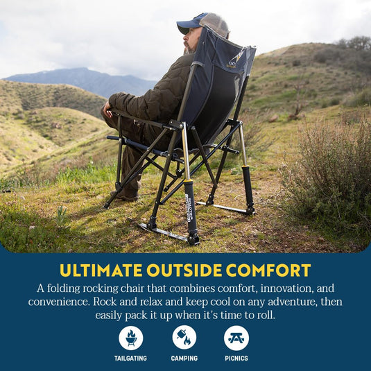 GCI Outdoors 37660: Roadtrip Rocker - Modern Folding Rocking Chair - Spring-Action Rocking - Indigo Blue Nylon Mesh - 250 lb Capacity - Adult, Outdoor Use