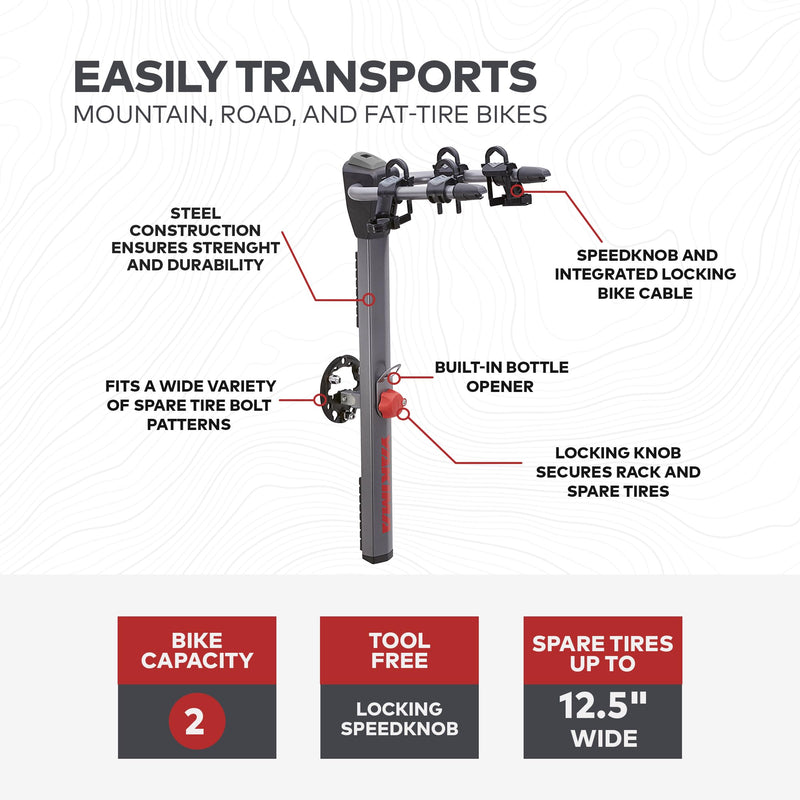 Chargez l&#39;image dans la visionneuse de la galerie, Porte-vélos Yakima SpareRide monté sur roue de secours arrière de véhicule en acier durable avec serrures SKS intégrées et décapsuleur, peut contenir 2 vélos, gris/noir
