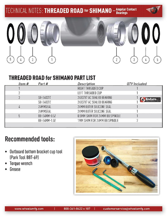 Wheels Manufacturing BB Road Shells with Angular Contact Bearings, Grey, Shimano 24mm Spindle - RACKTRENDZ