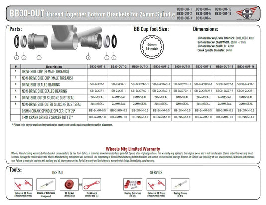 Wheels Manufacturing BB30 to Outboard Bottom Bracket with Angular Contact Bearings, Black, Shimano 24mm Spindle - RACKTRENDZ