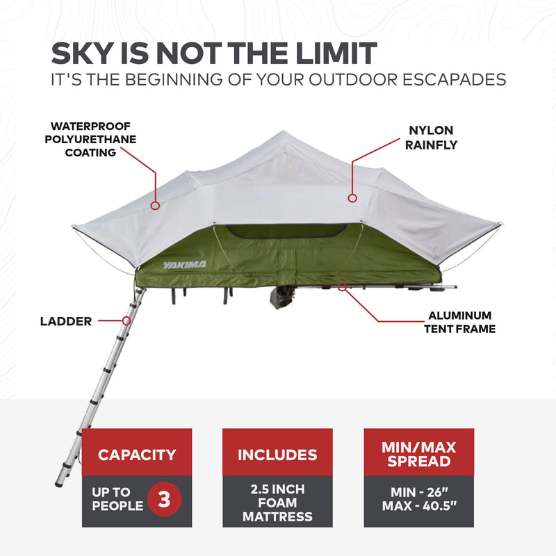 Chargez l&#39;image dans la visionneuse de la galerie, Tente de camping sur le toit Yakima SkyRise Medium en nylon pour 3 personnes avec échelle, vert
