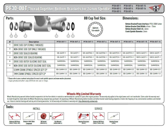 Wheels Manufacturing Press Fit 30 to Outboard Bottom Bracket with Angular Contact Bearings, Black, SRAM 24/22mm Spindle - RACKTRENDZ