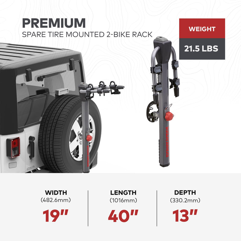 Chargez l&#39;image dans la visionneuse de la galerie, Porte-vélos Yakima SpareRide monté sur roue de secours arrière de véhicule en acier durable avec serrures SKS intégrées et décapsuleur, peut contenir 2 vélos, gris/noir
