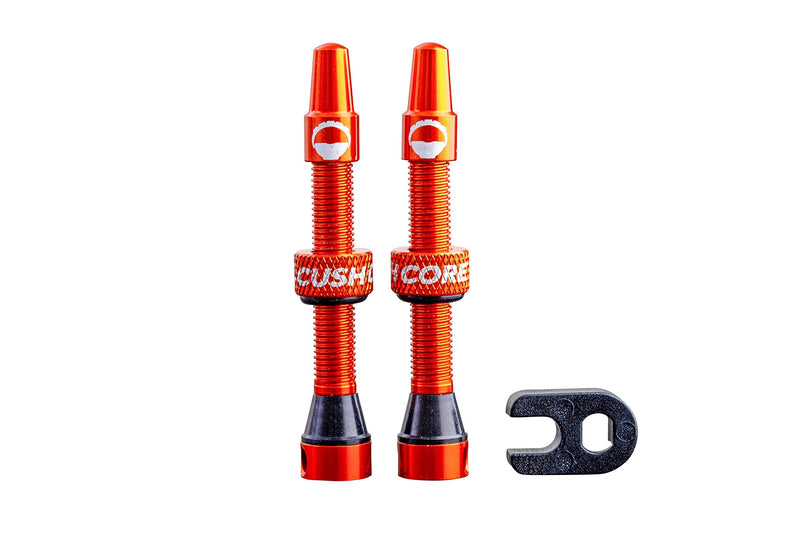 Chargez l&#39;image dans la visionneuse de la galerie, CushCore 44mm Air Valve Set - 44mm Alloy Valves, Nitrile Rubber Seal, Valve Core Tool Included, Tubeless Presta Valve, (44mm 2-Pack, Orange) - RACKTRENDZ
