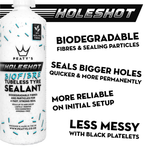 Peaty's Holeshot Biofibre Tubeless Tyre Sealant, Fast Acting Puncture Repair, Seals up to 6mm Holes for MTB, Road and Gravel Bikes, uses Biodegradable Sealing Fibres, 1 Litre - RACKTRENDZ