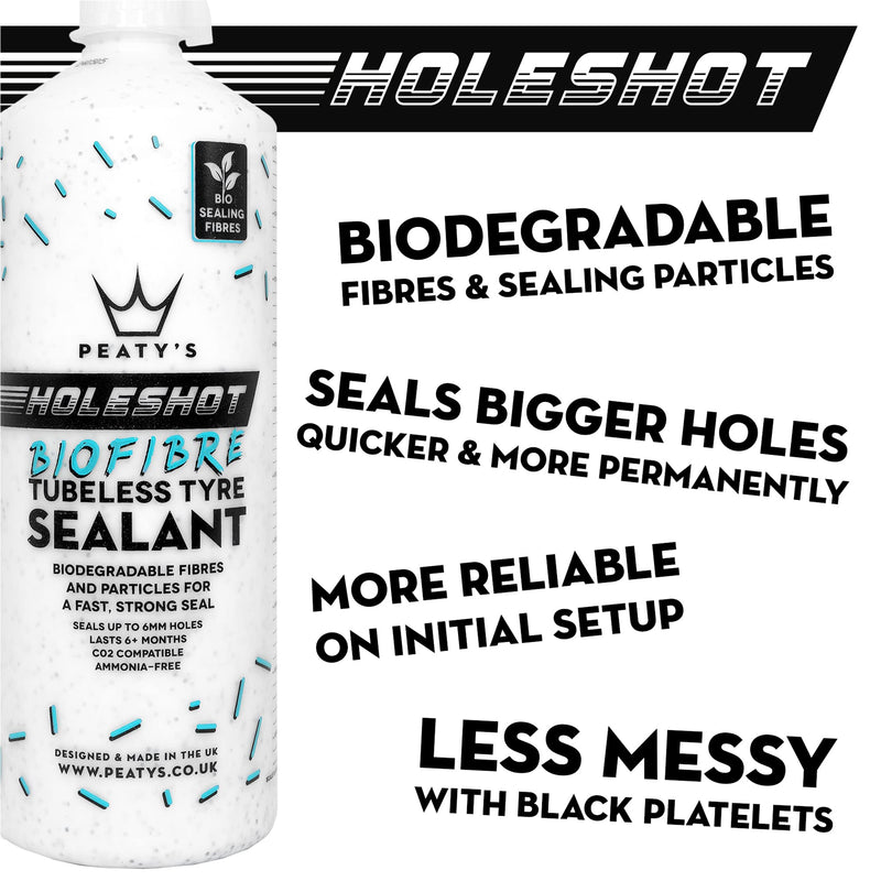 Chargez l&#39;image dans la visionneuse de la galerie, Peaty&#39;s Holeshot Biofibre Tubeless Tyre Sealant, Fast Acting Puncture Repair, Seals up to 6mm Holes for MTB, Road and Gravel Bikes, uses Biodegradable Sealing Fibres, 1 Litre - RACKTRENDZ
