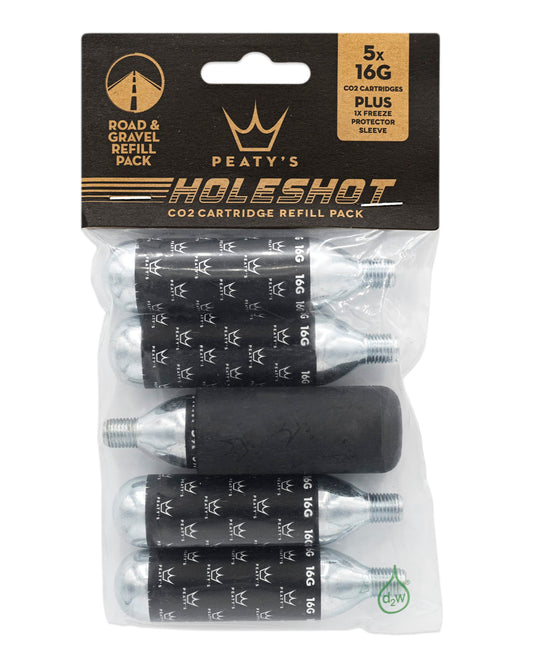 Peaty's CO2 Cartridge Threaded Refill Pack (Pack of 5) & Freeze Protector Sleeve with Unique Closed Base Design, Recycled Cardbaord and Biodegradable Bag - Road & Gravel (16g) - RACKTRENDZ