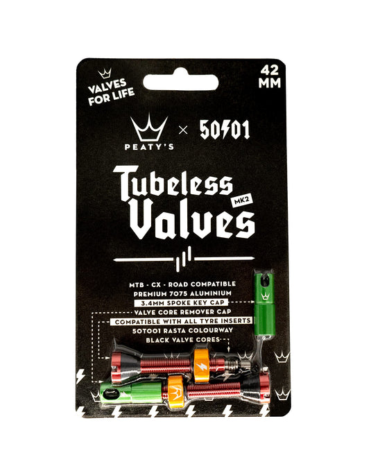 Peaty's x 50 to 01 (MK2) Tubeless Valves, 42mm, Rasta - RACKTRENDZ