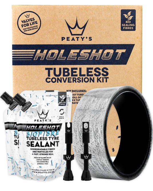 Peaty's Tubeless Wheel Conversion Kit - Enduro & DH (Wide) - 35mm Tape / 42mm Valves / 2X 120ml Holeshot Biofibre Sealant Pouch, Black - RACKTRENDZ