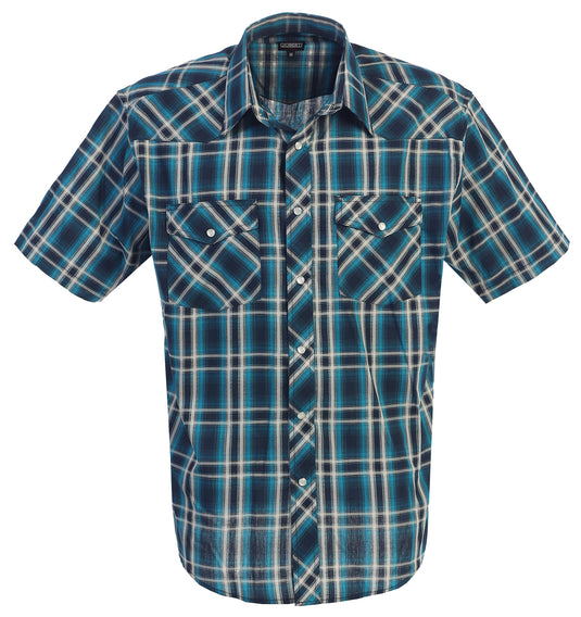 Gioberti Men's Short Sleeve Plaid Western Shirt W/Pearl Snap-on Buttons, 909w - Turquoise / Navy, Large - RACKTRENDZ