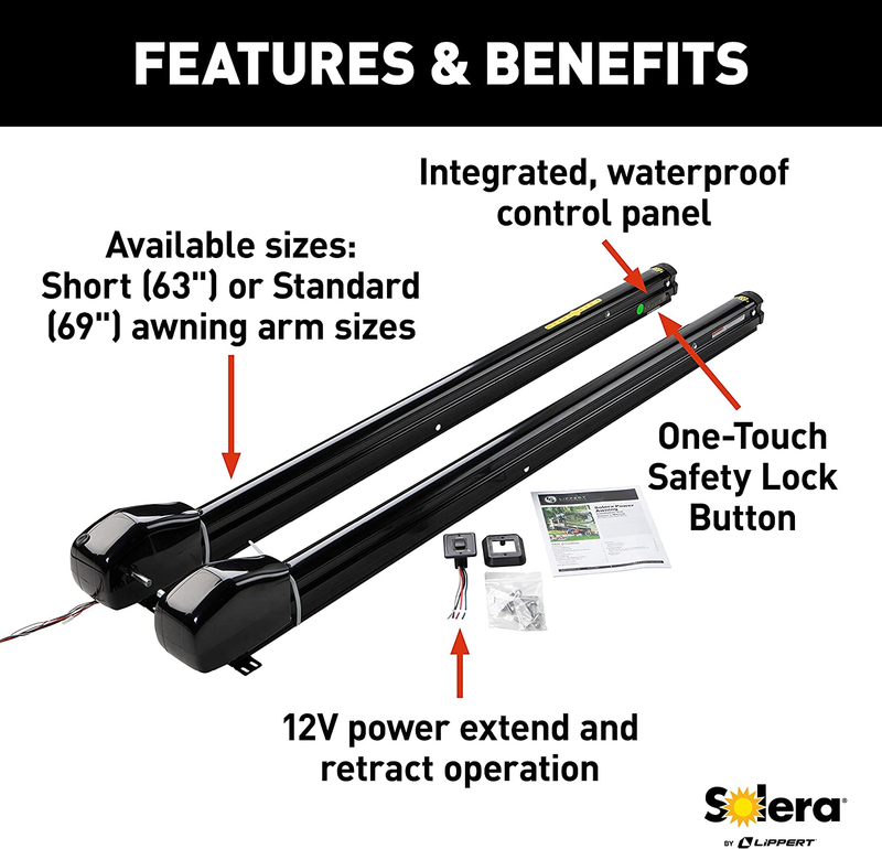 Load image into Gallery viewer, Lippert Components 759516 - Solera Smart Arm™ 12V RV Awning Arms &amp; Hardware Kit - 63&quot; Short Black - RACKTRENDZ
