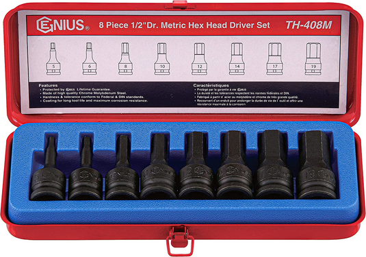 Genius TH-408M ​​- Jeu de douilles hexagonales métriques, 8 pièces, entraînement 1/2"