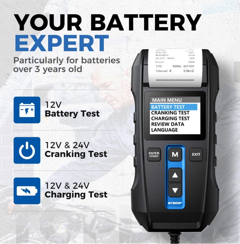 Chargez l&#39;image dans la visionneuse de la galerie, Topdon BT300P - 12V Lead-Acid Vehicle Battery Tester With a Built-in Printer - RACKTRENDZ
