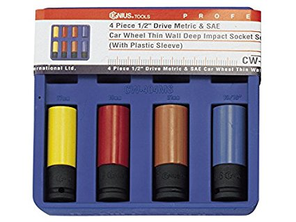 Genius CW-404MS - Jeu de douilles de roue à impact profond à paroi mince pour roue de voiture 1/2" Drive 4 pcs