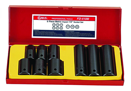 Genius FD-410M - 9 Piece 1/2″ Dr. Metric Wheel Impact Socket Set