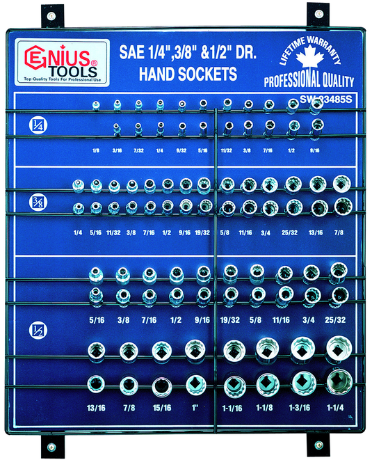 Genius GNSSW23485S - Présentoir de douilles SAE pour douilles 1/4", 3/8" et 1/2" (85 pièces)