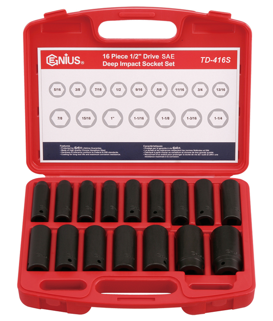 Genius Tools TD-416S - 16 Piece 1/2″ Drive SAE Deep Impact Socket