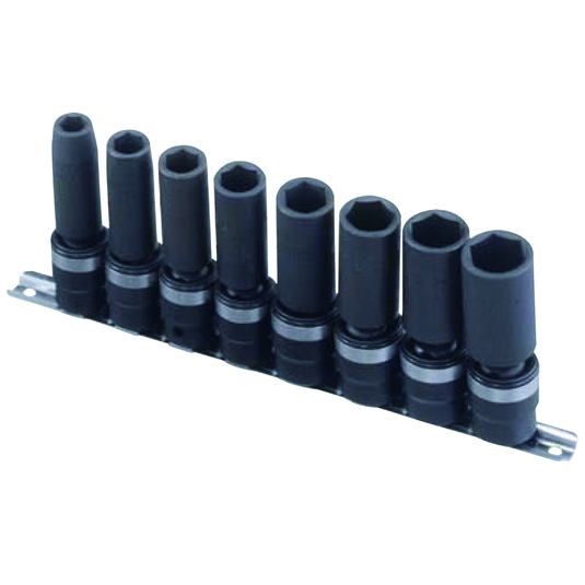 Genius TG-408SD - Deep Swivel Impact Socket Set Hexagonal 8 Pcs 7/16" to 7/8" SAE 1/2" Drive 6 Pt