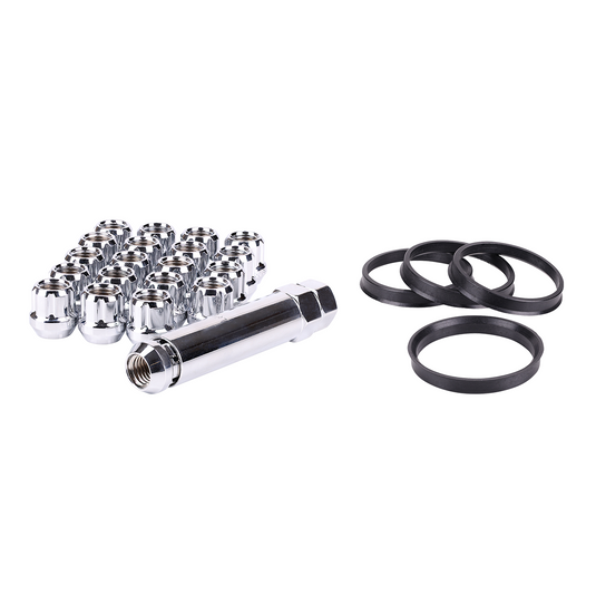 RTX® • KIT-217 • Ensembles de roues complets • Écrous de roue à entraînement cannelé à extrémité ouverte | Anneaux de moyeu | Clé • 24 écrous • Chromé • Conique • 14M X 1,5