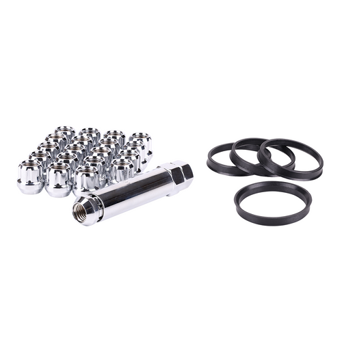 RTX® • KIT-154 • Complete Wheel Kits • Open End Spline Drive Lug Nuts | Hub Rings | Key • 20 Nuts • Chrome • Conical • 12M X 1.5