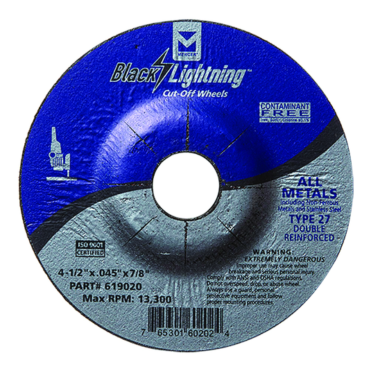 Mercer 619020 - 4-1/2" x .045 x 7/8" Black Lightning Cut-Off Wheel for Stainless Steel - Type 27 Depressed Center - RACKTRENDZ