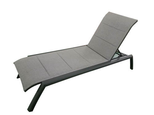 MOSS MOSS-0445GM - Akumal Collection, Charcoal matte aluminum reclining & stackable lounger chair with convenient small back wheels & with grey mix quick dry padded textilene 28 1/2