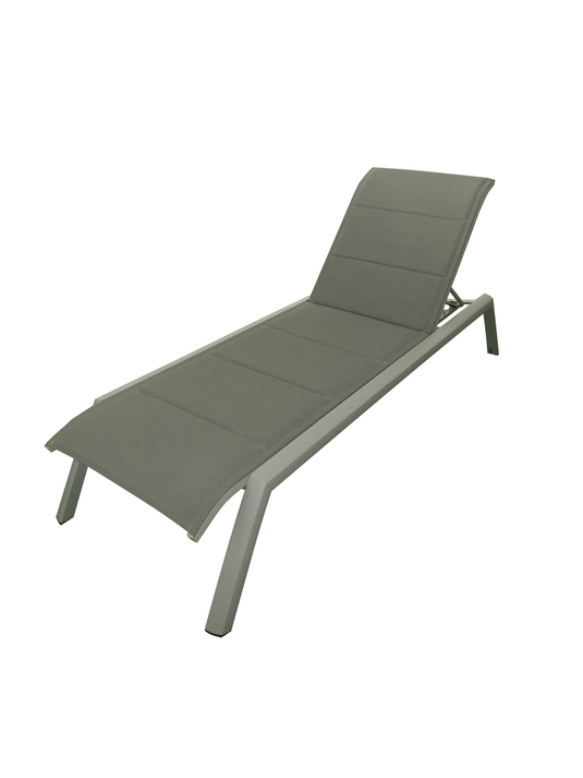 MOSS MOSS-0445GPM - Akumal Collection, Light Grey matte aluminum reclining & stackable lounger chair with convenient small back wheels & with grey mix quick dry padded textilene 28 1/2