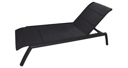 MOSS MOSS-0445NN - Akumal Collection, Black matte aluminum reclining & stackable lounger chair with convenient small back wheels & with black quick dry padded textilene 28 1/2