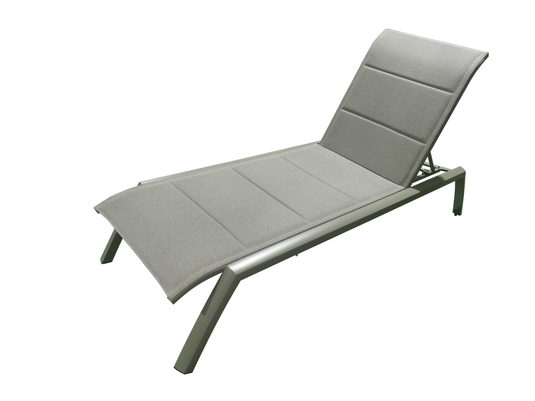 MOSS MOSS-0445TMA - Akumal Collection, Taupe matte aluminum reclining & stackable lounger chair with convenient small back wheels & with taupe mix quick dry padded textilene 28 1/2" x 80" x H 14" - RACKTRENDZ