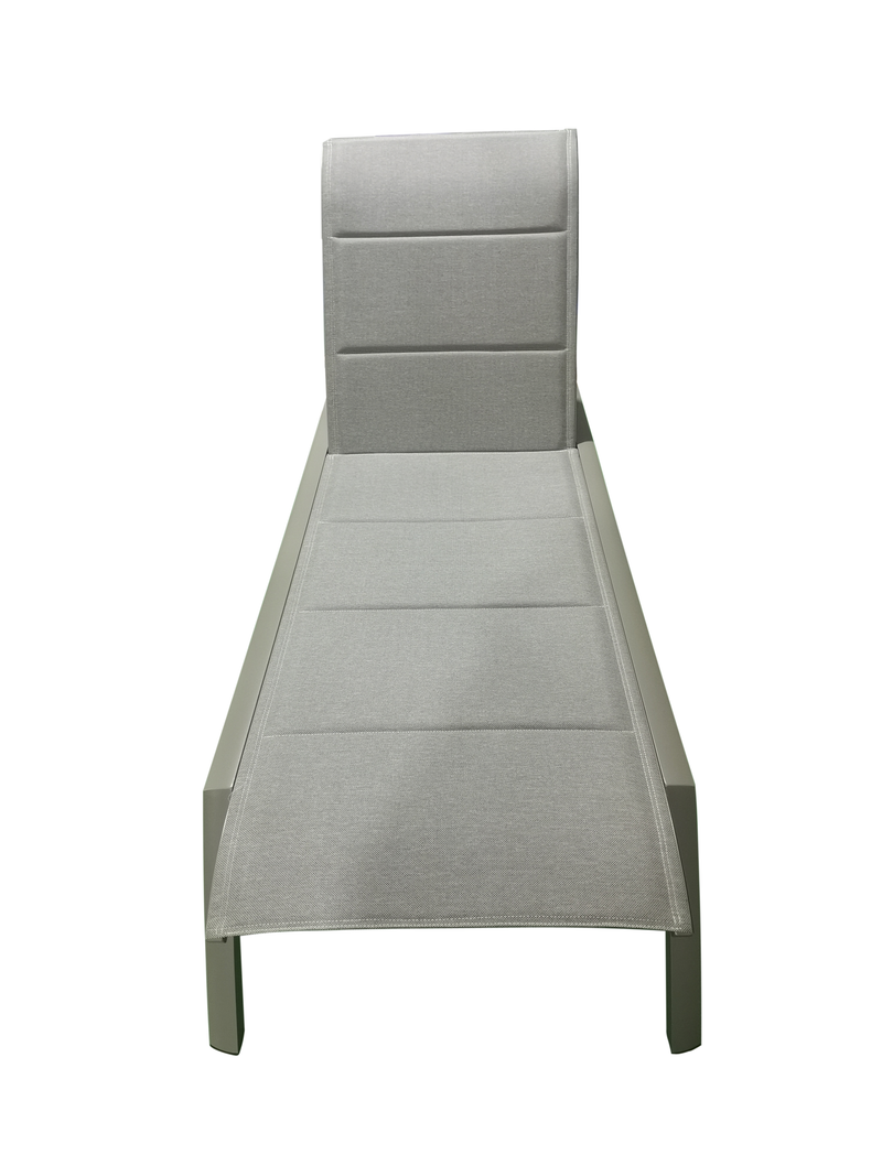 Load image into Gallery viewer, MOSS MOSS-0445TMA - Akumal Collection, Taupe matte aluminum reclining &amp; stackable lounger chair with convenient small back wheels &amp; with taupe mix quick dry padded textilene 28 1/2&quot; x 80&quot; x H 14&quot; - RACKTRENDZ
