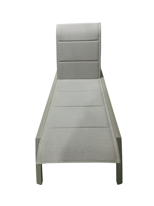 MOSS MOSS-0445TMA - Akumal Collection, Taupe matte aluminum reclining & stackable lounger chair with convenient small back wheels & with taupe mix quick dry padded textilene 28 1/2" x 80" x H 14" - RACKTRENDZ