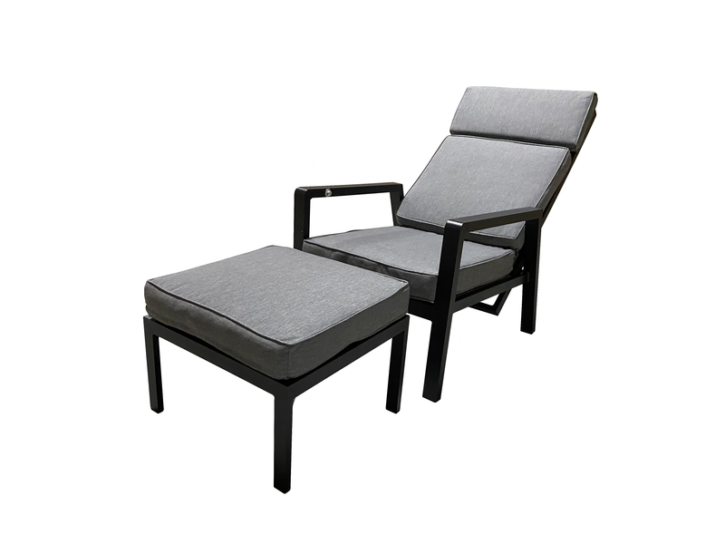 Chargez l&#39;image dans la visionneuse de la galerie, MOSS MOSS-0903N - Collection Carolina, Fauteuil inclinable en aluminium noir avec coussin en oléfine gris de 8 cm, base d&#39;assise en textile
