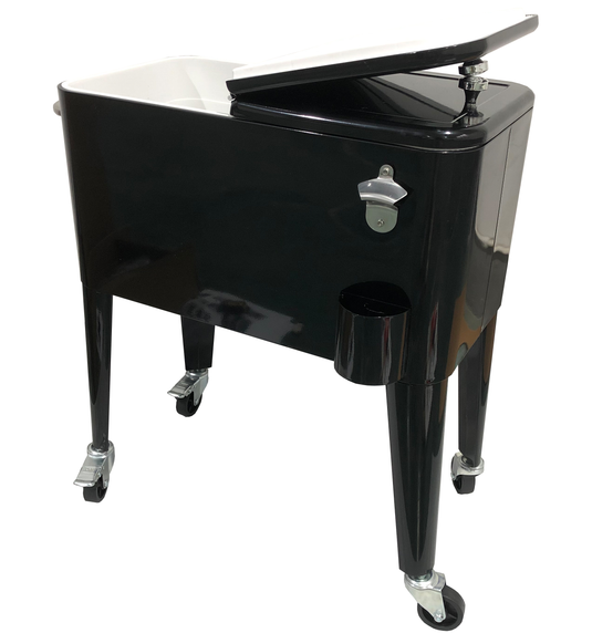 Patio Zone MOSS-2006N - Glacière à roulettes vintage de 60 pintes (57 L) avec couvercle et décapsuleur, cadre en acier - Noir