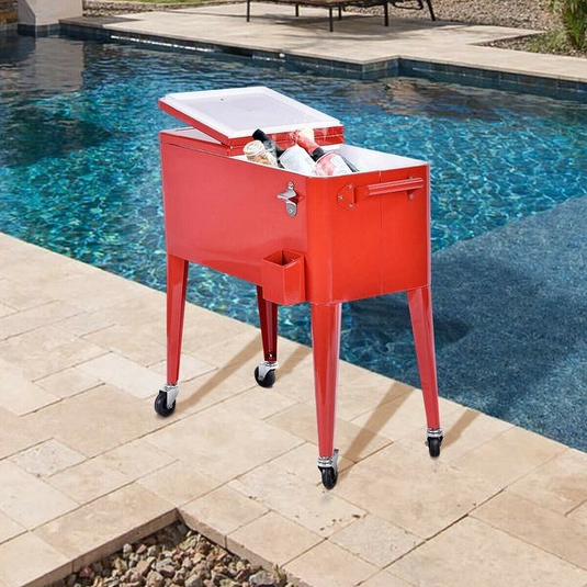 MOSS MOSS-2006R - Vintage 57L Steel Cooler on Legs Red with 4 Wheels