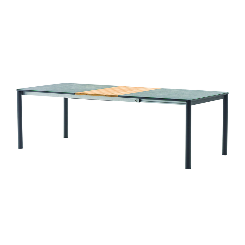 Chargez l&#39;image dans la visionneuse de la galerie, MOSS MOSS-GU004CT - Table extensible en aluminium avec plateau en verre émaillé noir et panneau central pivotant extensible en teck
