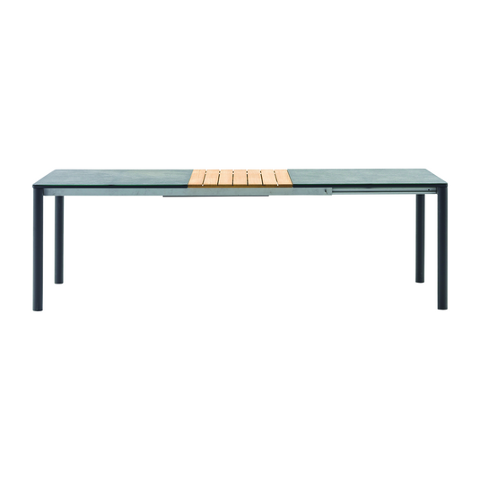 MOSS MOSS-GU004CT - Table extensible en aluminium avec plateau en verre émaillé noir et panneau central pivotant extensible en teck