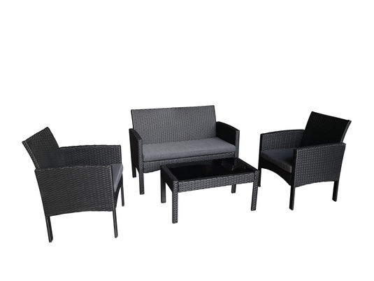 MOSS MOSS-MT22-607 - Cape Cod Collection, 4 pcs black flat wicker sofa set with steel frame and 6 cm grey polyester cushion and 5mm black silk glass table top - RACKTRENDZ