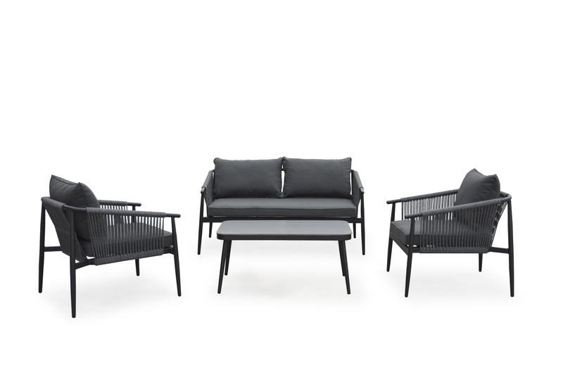Chargez l'image dans la visionneuse de la galerie, MOSS MOSS-PS011NGF - Black Aluminum 4-Piece Conversation Set with Dark Gray cushions and rope details
