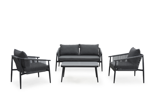 MOSS MOSS-PS011NGF - Black Aluminum 4-Piece Conversation Set with Dark Gray cushions and rope details